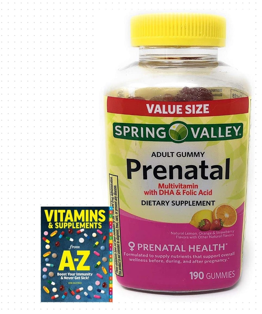 스프링 밸리 성인 임신 건강 Multivitamin DHA & Folic 산, 과일, 190 Gummies+Better 가이드 비타민 보충 교재