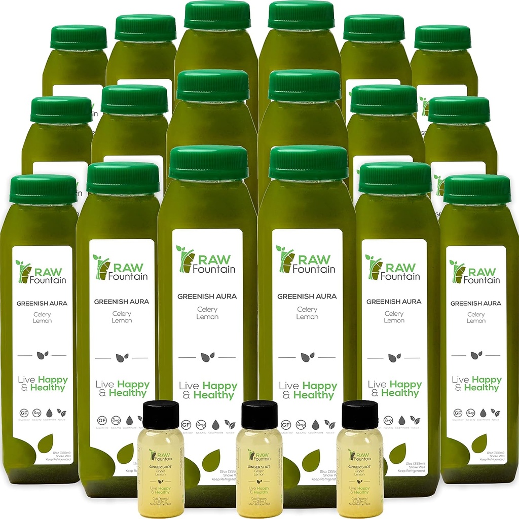 Celery Juice Cleanse by Raw Fountain, All Natural Raw, Cold Pressed Juices, Morning Detox Cleanse, 30 Bottles 12oz, 5 Bonus Ging Shots