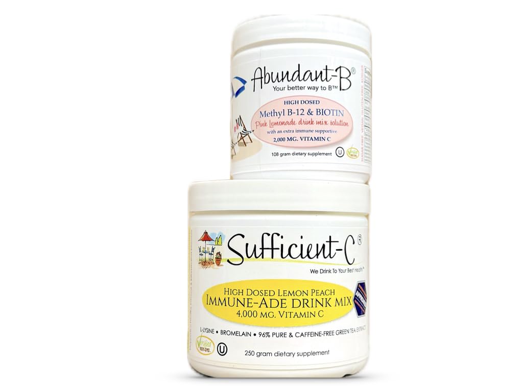 Sufficient-C 250 그램 비타민 C Immune-ade 음료 혼합과 Abundant-B 높은 복용량 B-12와 Biotin 분홍색 레몬 음료 혼합 해결책