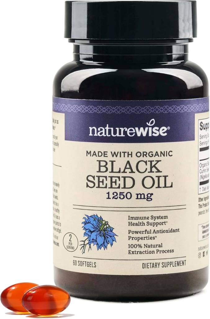 NatureWise Black Seed Oil Softgels 1250 mg - 100 % 유기농 냉 프레스 Nigella Sativa - 오메가 3 6 9 - 산화 면역 면역 보조 면역 지원, 헤어 & 스킨 - 비 GMO, 글루텐 - 무료 - 60 Softgels[1-달 공급]