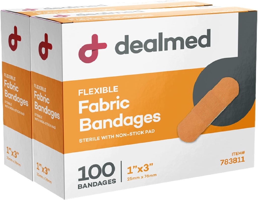 Dealmed Sterile 유연한 직물 접착제 붕대 - 1x3 인치 - 100 / 박스 - 2 박스 - Breathable 응급 처치 스트립 팩 - 의료, 응급 키트 및 클리닉을위한 부드러운 스트레치 상처 패치