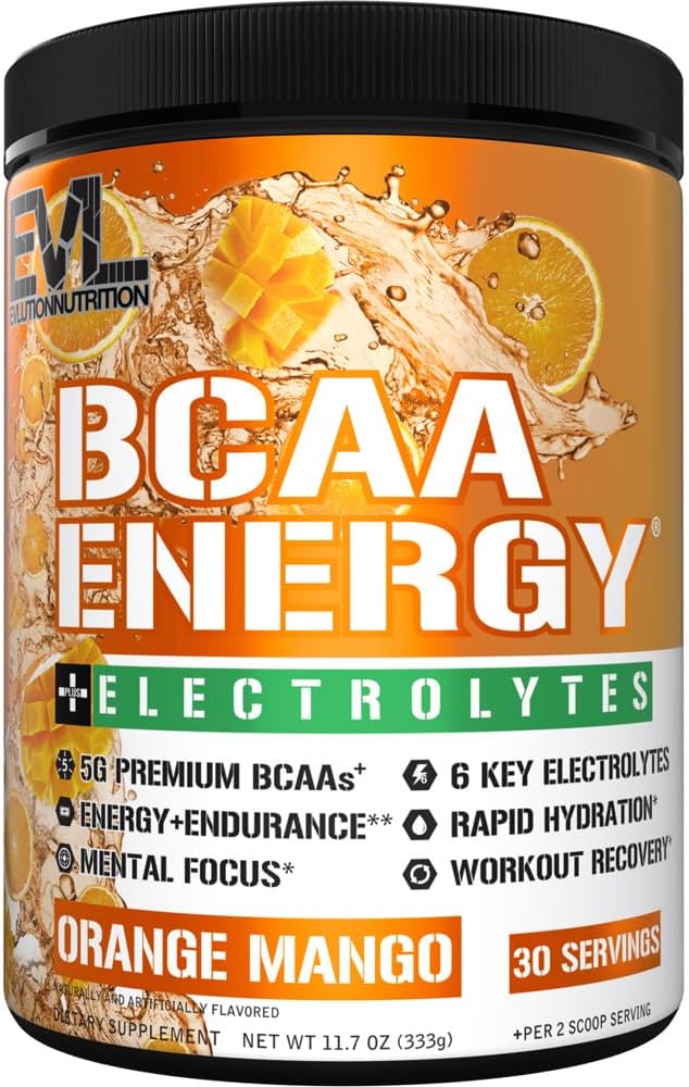 EVL BCAAs 아미노산 분말 - 근육 회복 Lean 성장과 내구시간을 위한 BCAA 에너지 전 운동 분말 - 6개의 열쇠 Electrolytes를 가진 포스트 운동 회복 음료를 재수 - 오렌지 망고