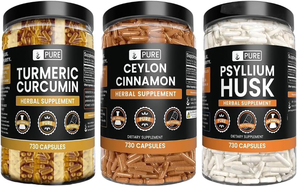 PURE ORIGINAL INGREDIENTS Ceylon Cinnamon, Psyllium Husk 및 Turmeric 캡슐 번들 (730 캡슐 각각), 마그네슘 또는 쌀 필러 없음