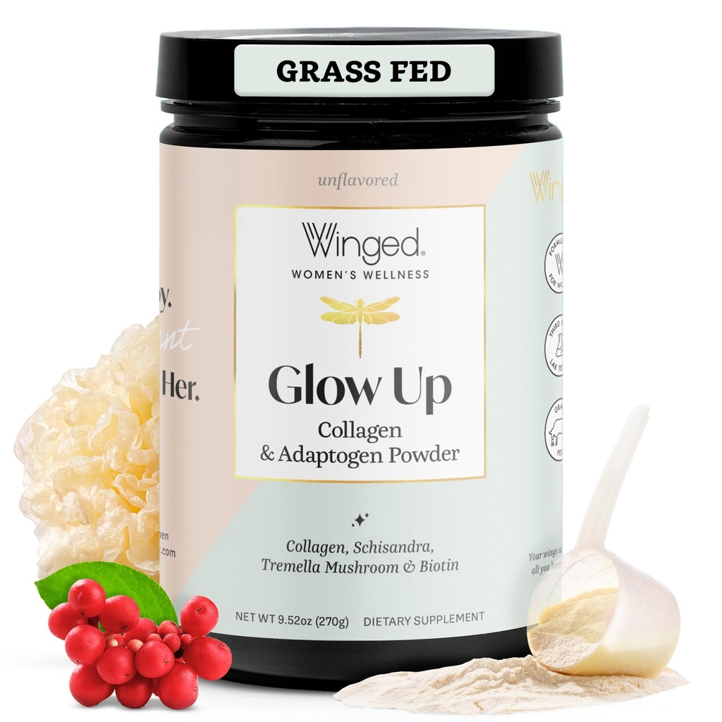 Winged Wellness Glow Up, 여성용 콜라겐 파우더 - 헤어, 스킨 & 네일 Beauty Supplement with Grass-Fed Hydrolyzed Collagen Peptides Adaptogens, 비타민 C & Biotin - 25 서빙, Unflavored