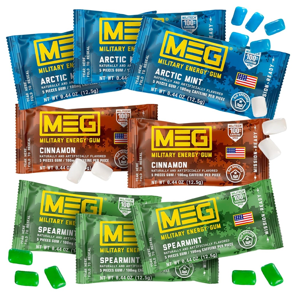 MEG - 군사 에너지 껌 | 조각 당 카페인 100mg + 에너지 + 부스트 물리적 성능 + Arctic Mint, Spearmint, & Cinnamon + 8 팩 (40 개)의 멀티 맛