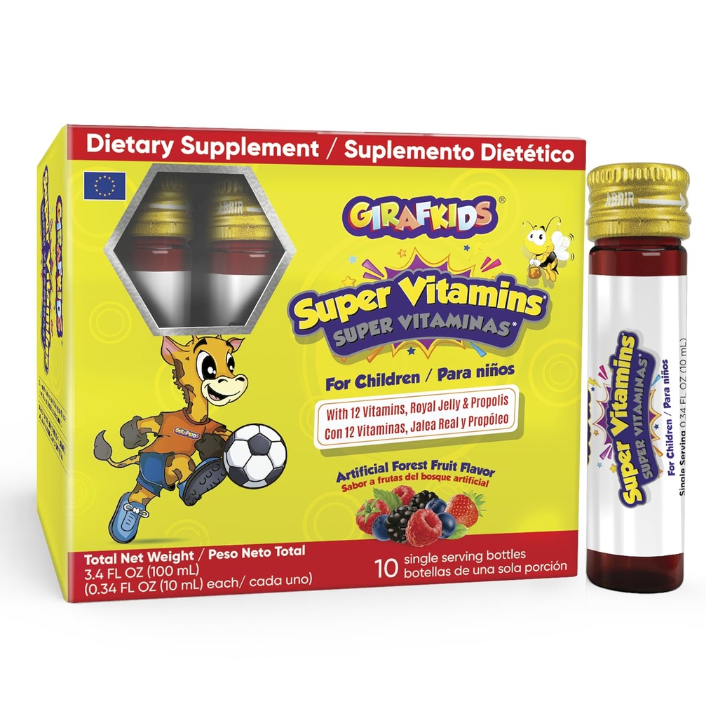 GirafKids Super Vitamins for Kids Ages 4   10 서빙 병 Immune Support & Energy 용 액체 Multivitamins | 12 비타민 | 맛있는 숲 과일 맛 | Royal Jelly & Propolis