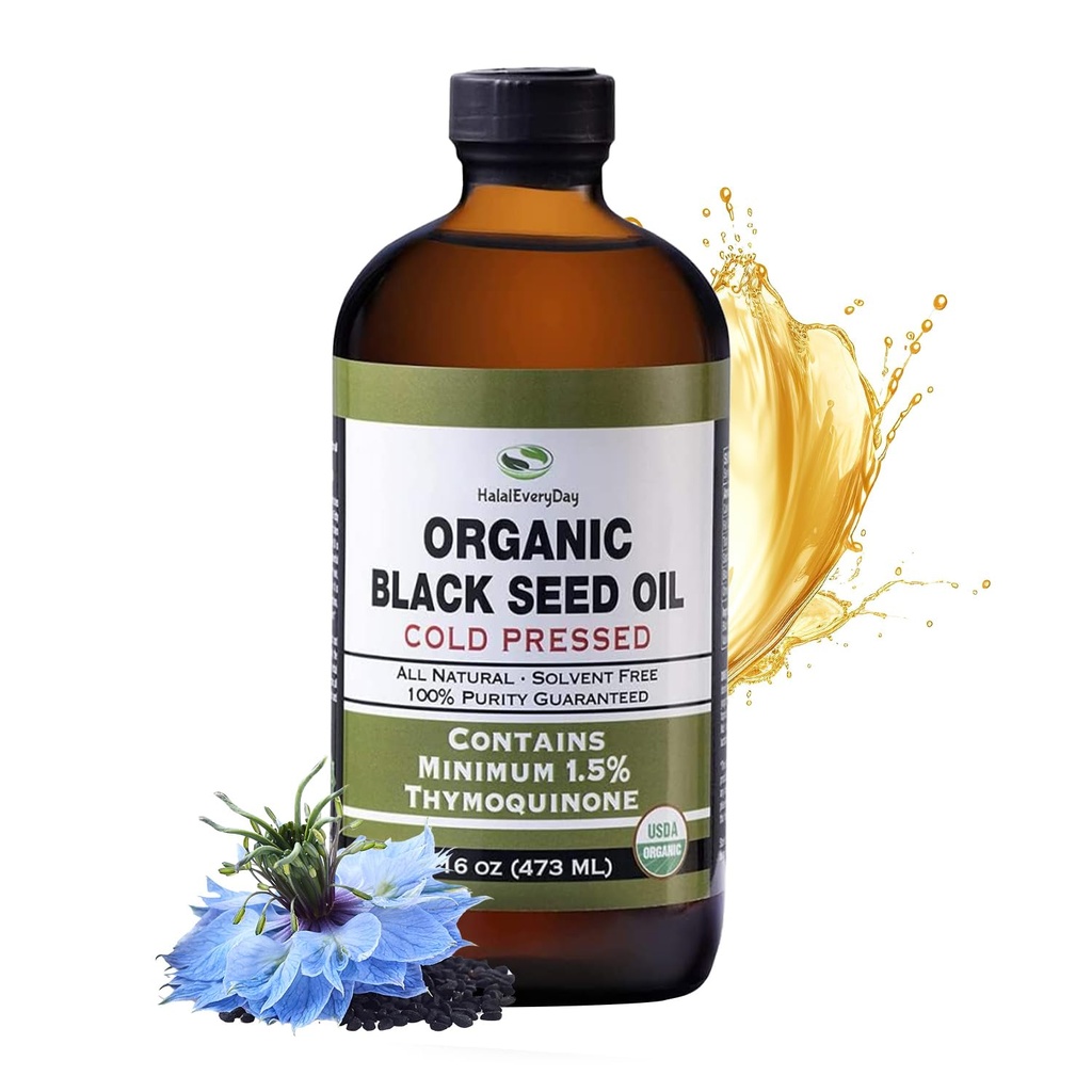 HalalEveryDay 유기 까만씨 기름 - 증명되는 USDA, 찬 눌러진 유리병 16oz - 1.5% Thymoquinone 터키 검정 Cumin Nigella Sativa 비 GMO 100% 순수한 Blackseed 기름 이상