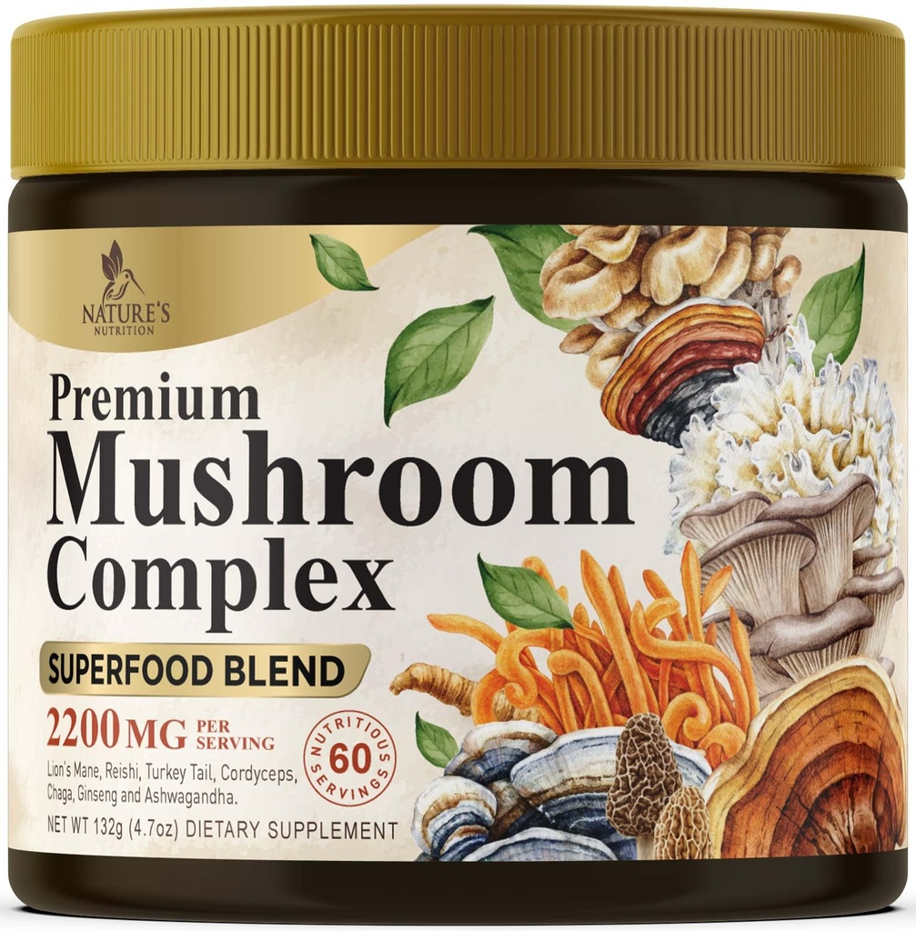 버섯 분말 보충 교재 2200mg - 유기 사자 Mane, Reishi, Cordyceps, Chaga, 터키 꼬리 버섯 추출물 보충 교재 & 두뇌 지원을 위한 보충 교재 - 60의 서빙