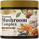 버섯 분말 보충 교재 2200mg - 유기 사자 Mane, Reishi, Cordyceps, Chaga, 터키 꼬리 버섯 추출물 보충 교재 & 두뇌 지원을 위한 보충 교재 - 60의 서빙