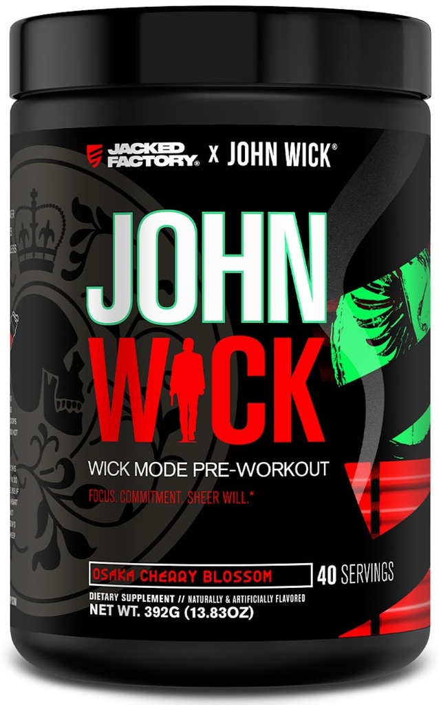 Jacked Factory X John Wick - Wick Mode Pre Workout Powder - Intense Energy, Battle-Ready Focus, Unstoppable Commitment 및 Sheer Will - 40 서빙, 오사카 벚꽃