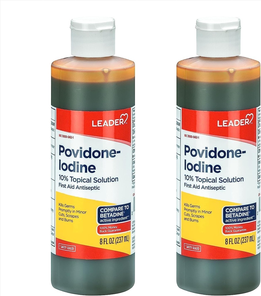 리더 Povidone Iodine 10 % Prep 솔루션 USP, 응급 처치, 부상 세척, 무균 비누 (8 Fl Oz, 팩 2)