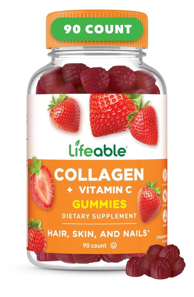 Lifeable Collagen Peptides Gummies | 100mg with Vitamin C | 훌륭한 Tasting Collagen Supplements | 채식 헤어 스킨과 손톱 구미 | 성인용 콜라겐 구미 | 90 구미