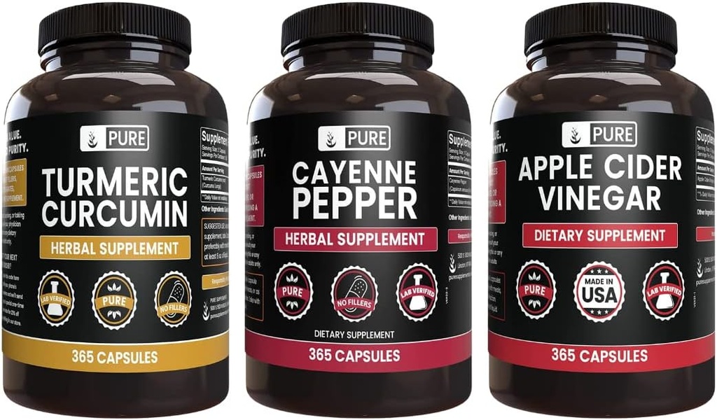 PURE ORIGINAL INGREDIENTS Cayenne Pepper, Turmeric Curcumin, Apple Cider Vinegar 번들 (365 캡슐)