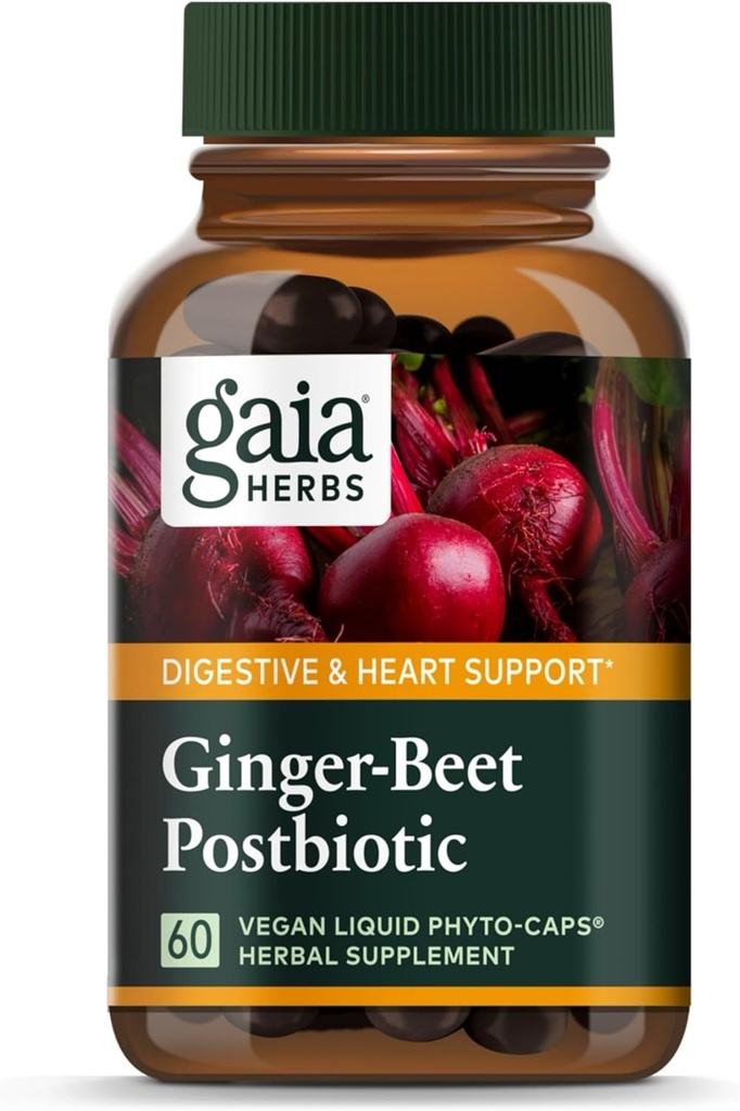 Gaia Herbs Ginger-Beet Postbiotic - Gut & Heart Health Support에 대한 보충 - 유기 발효 Beets & Ginger로 만든 - Dairy, Soy & Gluten에서 무료 - 60 Vegan 캡슐 (30 서빙)