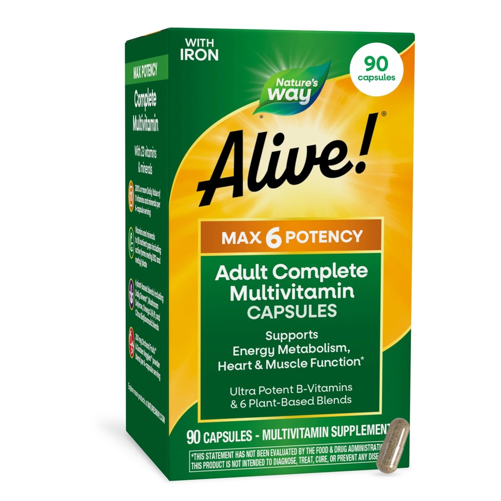 자연의 방법 살아! Max6 Potency 성인 완전한 Multivitamin, 철과 더불어, 비타민 A, C, 메틸을 꿴 B12 & Folate를 포함하여 E & B 비타민, 지원 에너지 Metabolism*, 90의 캡슐 (포장 5월 Vary)
