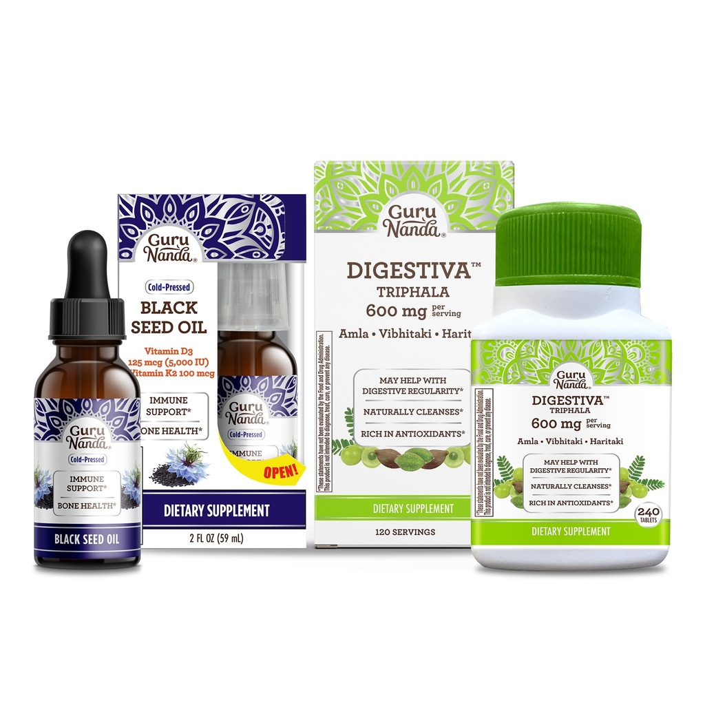 GuruNanda Black Seed Oil, Cold-Pressed Nigella Sativa - 비타민 D3 5000 단위 및 Digestiva Triphala (240 정제)의 풍부한 지원 소화, Bloating 도움