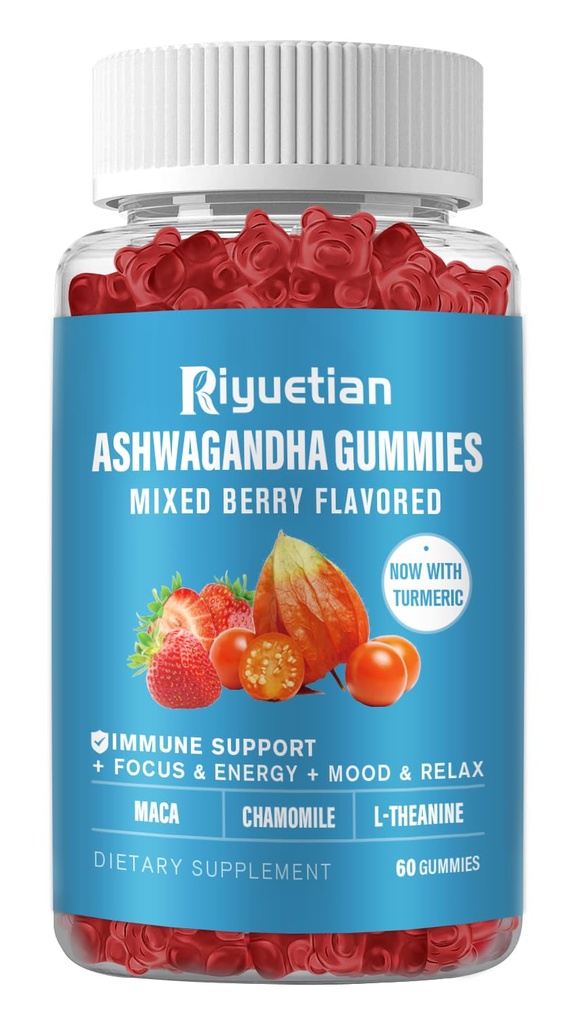 Ashwagandha Gummies for Women & Men - 스트레스 완화, 면역 지원 및 증가 에너지 - 설탕 무료, Vegan - 유기 Ashwagandha 뿌리 보충 Gummy- 천연 딸기 맛 (60 개)