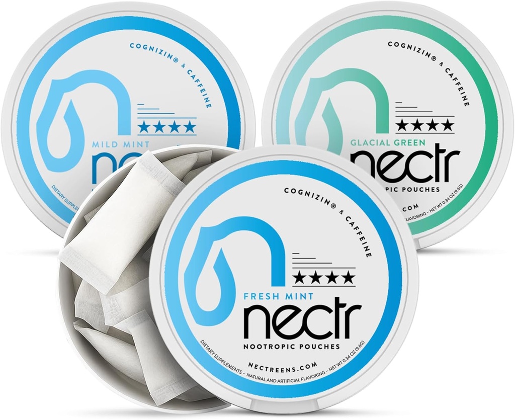 Nectr 에너지 Nootropic 주머니 민트 혼합 - Cognizin Citicoline을 가진 카페인 주머니. 3개의 풍미: 온화한과 신선한 민트, 및 Glacial 녹색. Sugar-Free, 니코틴 무료 Calm 초점 및 에너지 보충