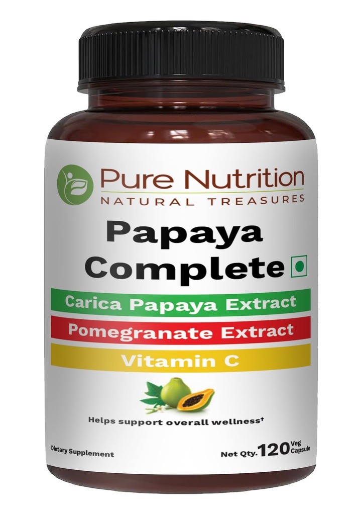 Pure Nutrition Papaya Complete | 120 Caps | Carica Papaya Leaf Extract with Iron, VIT C, VIT A & Folic Acid | 판넬 면역성 및 소화 비 GMO 지원 | 글루텐 프리
