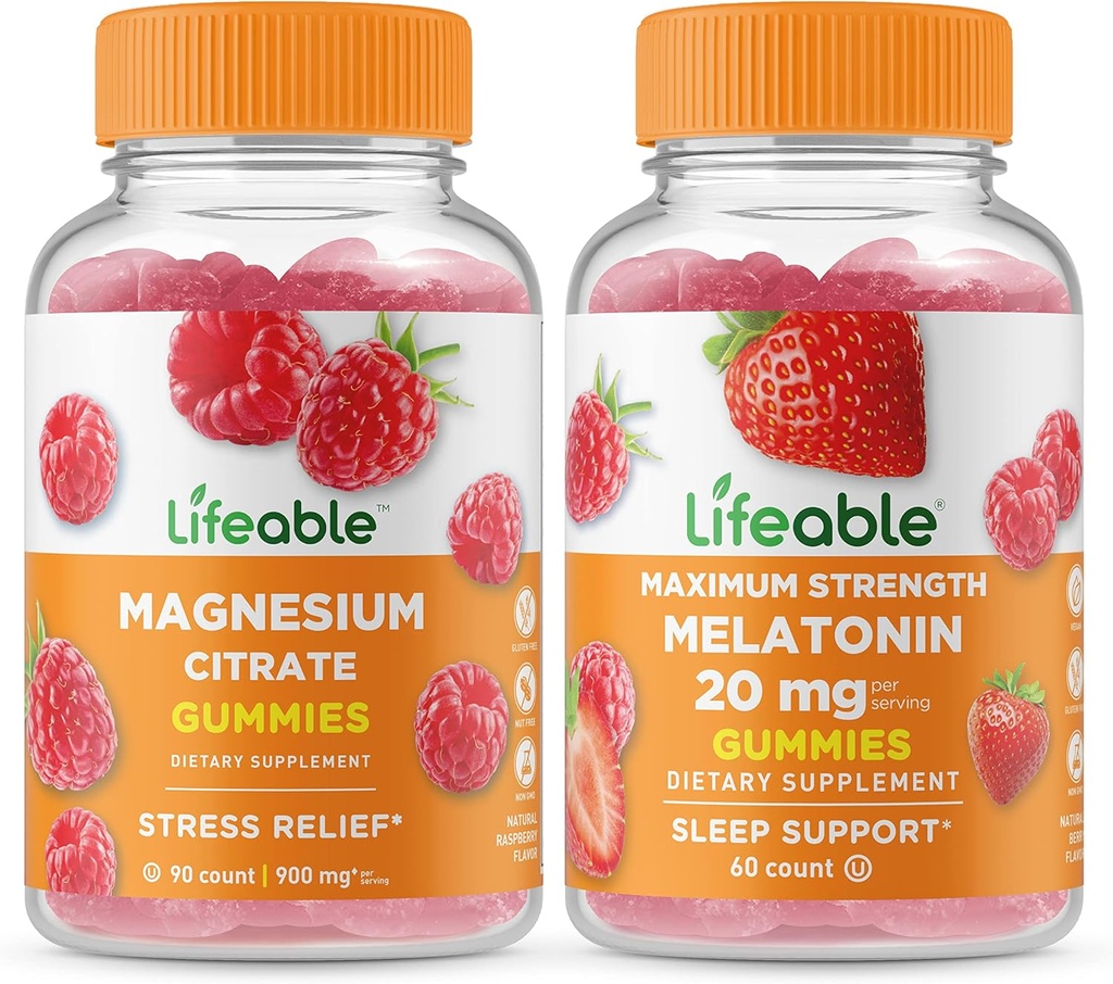 Lifeable 마그네슘 + 멜라토닌 20mg, Gummies 번들 - 훌륭한 타스팅, 비타민 보충, 글루텐 무료, GMO 무료, Chewable Gummy
