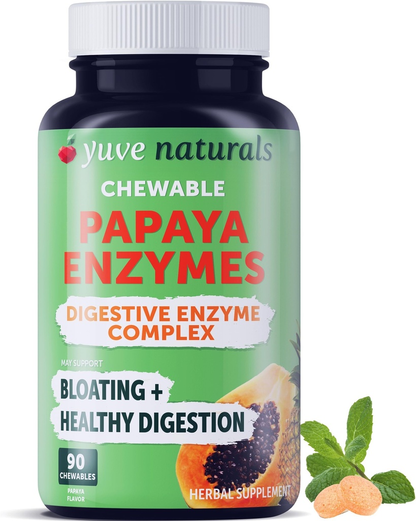 Yuve Natural Papaya Digestive Enzymes - Sugar-Free Chewable Candies - 더 나은 소화를 촉진하십시오 - 변비 & Bloating Aid, Detox, Leaky Gut Repair & Gas Relief - Vegan, Non-GMO, Gluten-Free - 90ct