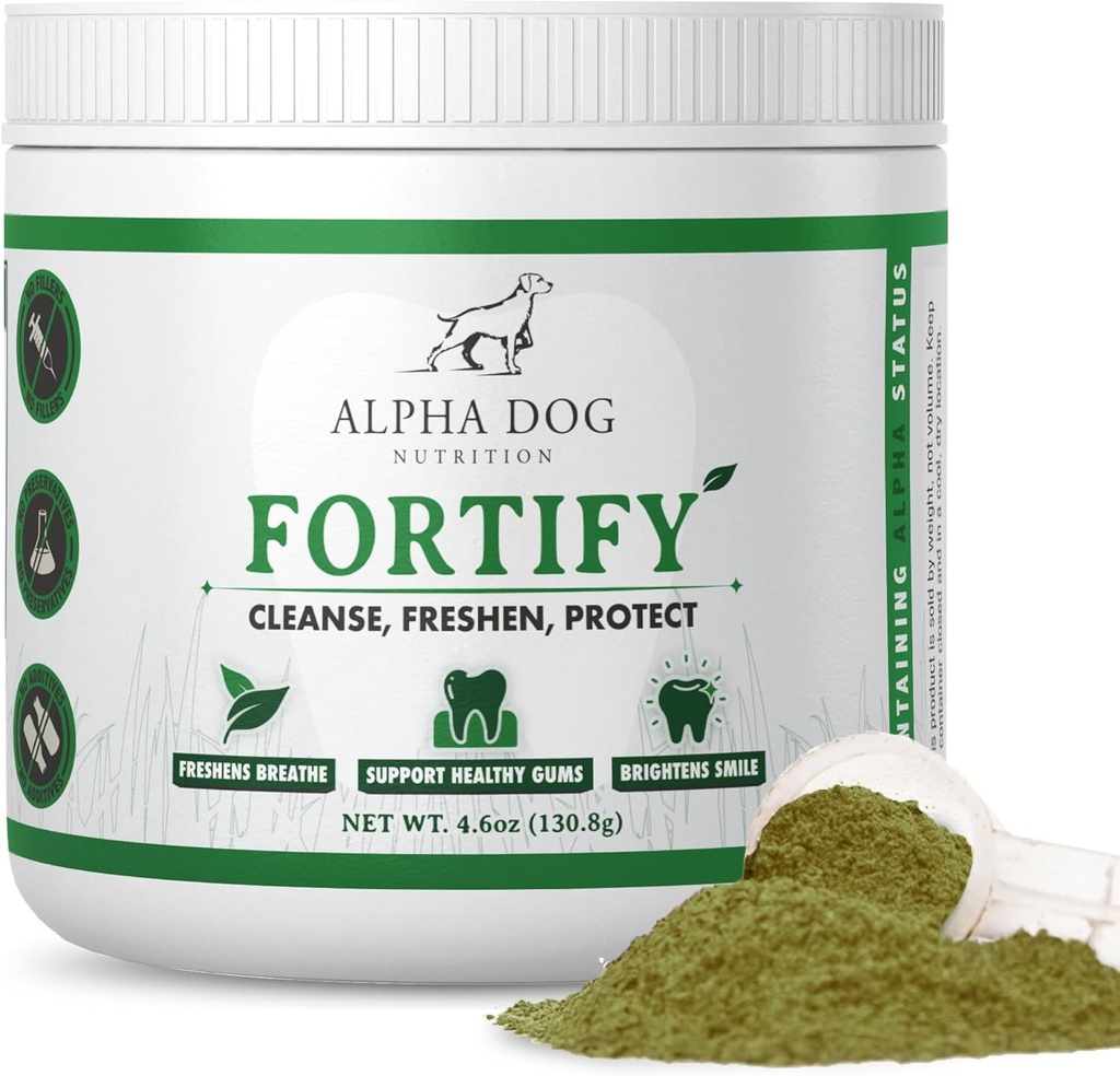 개 치아 청소 분말 - 개를위한 치과 분말을 Fortify - 신선한 녹색 보충제와 Plaque 제거제 및 신선한 배 호흡 - Kelp, Probiotics 및 기타 Tooth 청소 재료를 포함합니다.