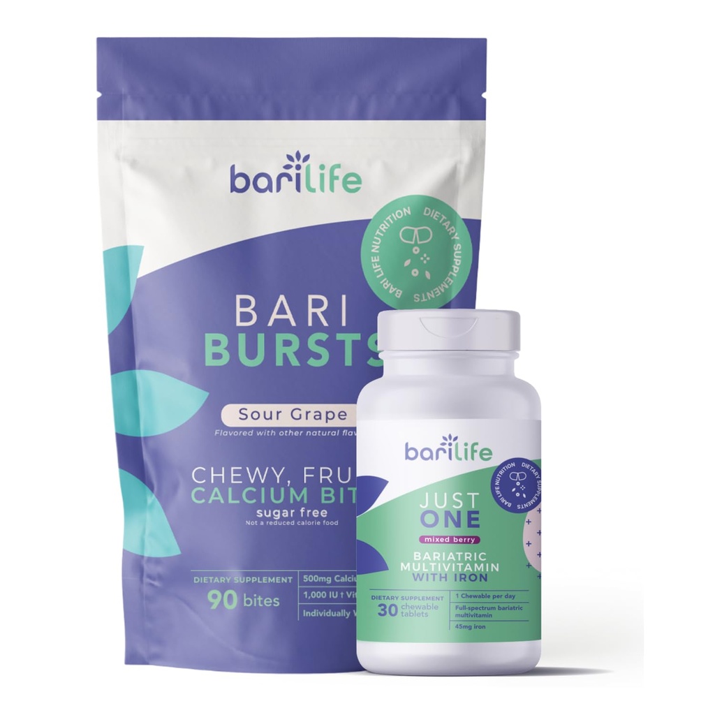 Bari Life Just One Chewable : 매일 Bariatric Multivitamin + Iron 및 BariBurst 칼슘 Citrate Gastric Bypass, Gastric Sleeve 및 Duodenal Switch (Sour Grape)에 대한 부드러운 Chews