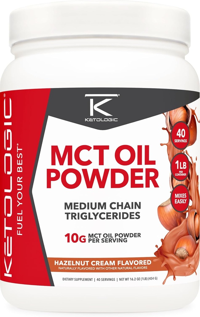 Ketologic MCT 기름 분말 Hazelnut 크림 (1 LB) - Keto Coffee Creamer & Energy Support - 초점 및 연료를 위한 중간 사슬 Triglycerides의 41 서빙