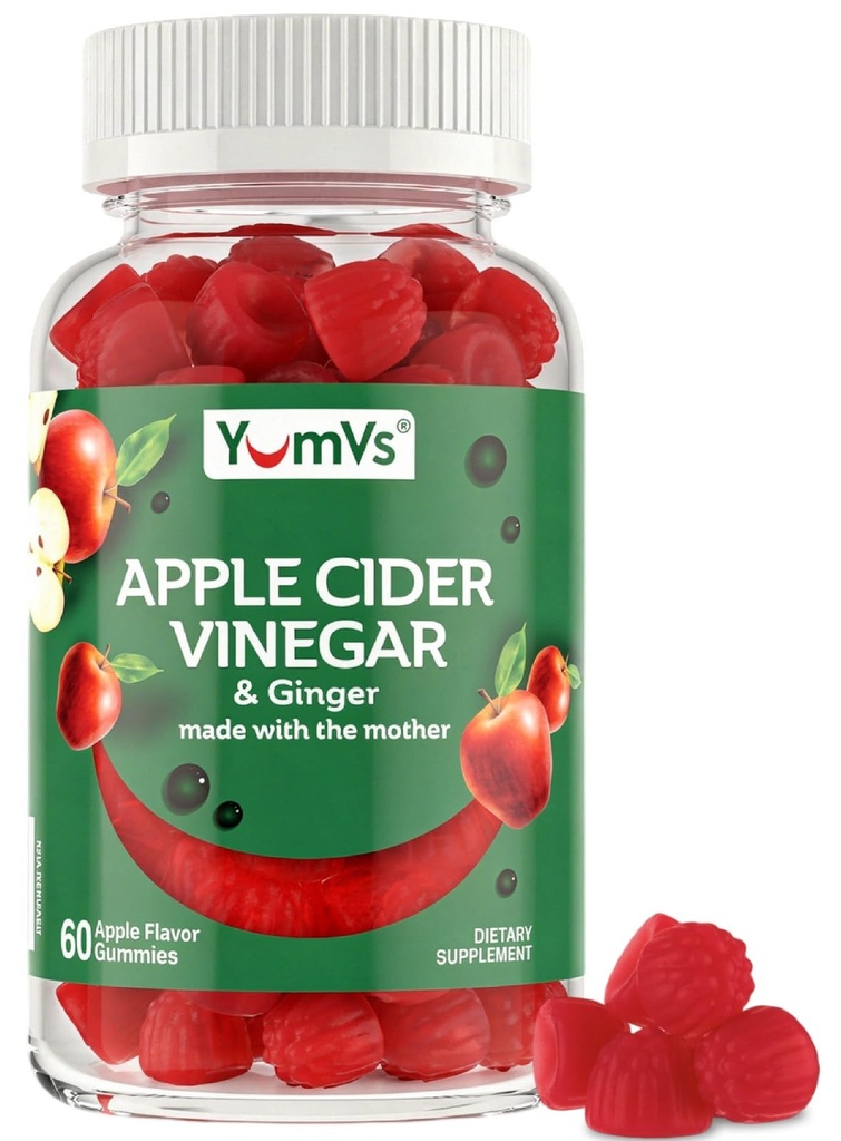 YUM-V'S Apple Cider Vinegar Gummies - Ginger & The Mother와 ACV Gummies - Metabolism, Vitality & Daily Wellness - 자연 애플 풍미 Vegan, 비 GMO, 글루텐 프리, Cider Gummy - 60 카운트 지원