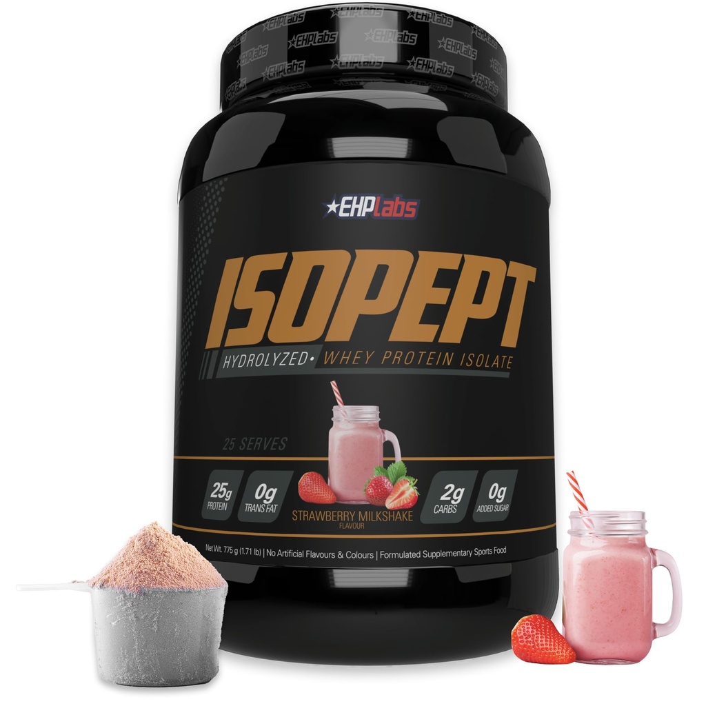 IsoPept Hydrolyzed Whey Protein Powder by EHPlabs - 100 % Whey Protein Isolate & Hydrolysate, 단백질 27g, 비 GMO, 글루텐 무료, 빠른 흡수, 쉬운 소화, 27 Serves (Strawberry Milkshake)