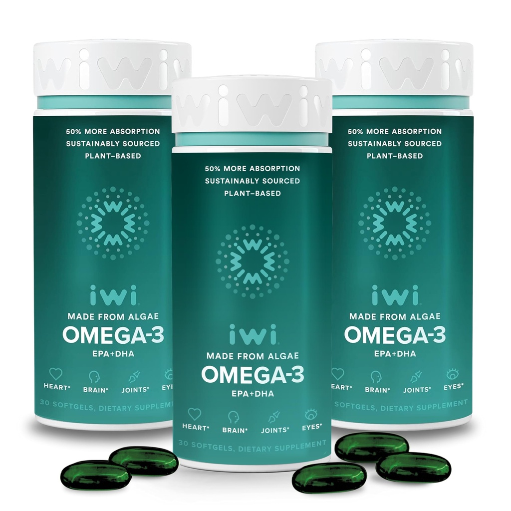 Iwi Omega-3, 90 Softgels (90 서빙), Vegan Plant-Based Algae Omega 3 with EPA + DHA, 전체 바디 지원 Dietary Supplement, Krill & Fish Oil Alternative, No Fishy Aftertaste