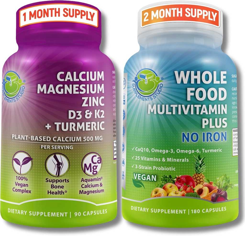 SUPPLEMENTS STUDIO Daily Immune, Bone & Energy Support Bundle for Men & Women – D3, K2 및 Turmeric이있는 철 및 플랜트 기반 칼슘 마그네슘이없는 Vegan Food Multivitamin – 비 GMO