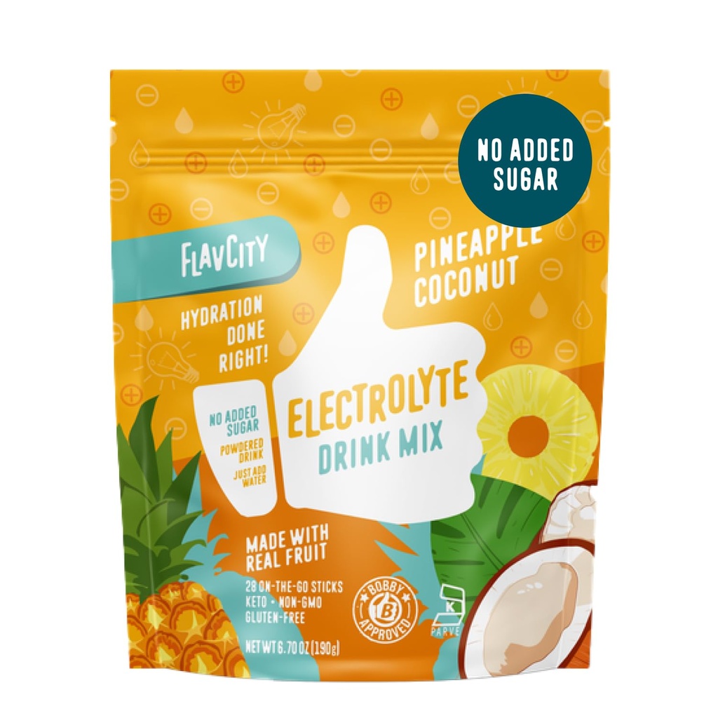 FlavCity Pineapple Coconut Electrolytes Powder Packets - 28 Hydration Packets - 추가 설탕 없음 - Real Fruit & Unrefined Sea Salt - Keto & Gluten-Free (28 스틱 팩)가있는 수분 분말