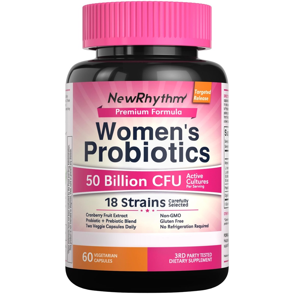 NewRhythm Women's Probiotics, 여성 질 건강, 50 억 CFU 18 Strains, Probiotics 및 Prebiotics, 지원 소화 건강, 60 Vegan 캡슐에 대 한 유기 크랜베리