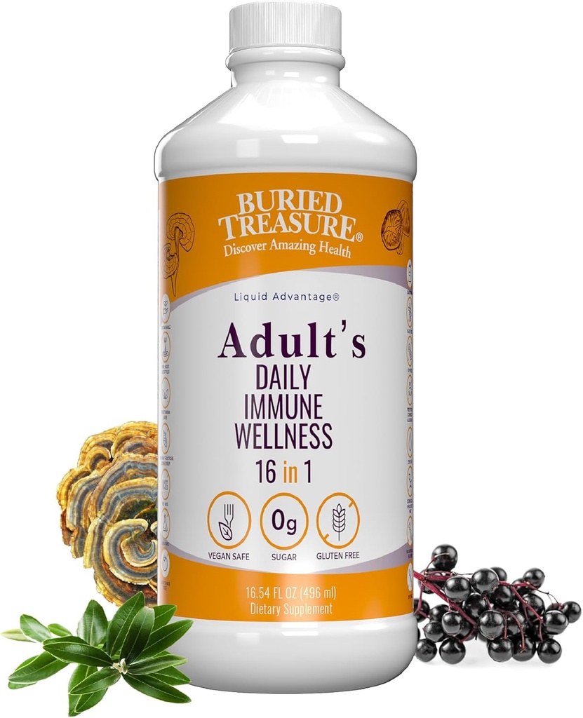Buried Treasure Adult Daily Immune Wellness - 16 Fl oz, 16 serv, Elderberry, Echinacea, 비타민 및 더 많은 Immune 지원을위한 액체 영양 혼합