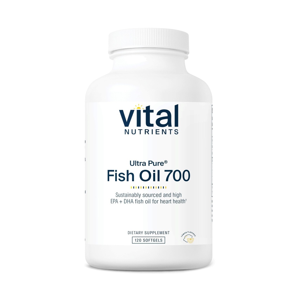 Vital Nutrients Ultra Pure® Fish Oil 700 | 심장, 뇌 및 관절 건강 지원 * | 지속 가능한 원천 높은 EPA 및 DHA 오메가-3 지방산 | 레몬 맛 | 글루텐, 데이리 & 소이 무료 | 120 Softgels