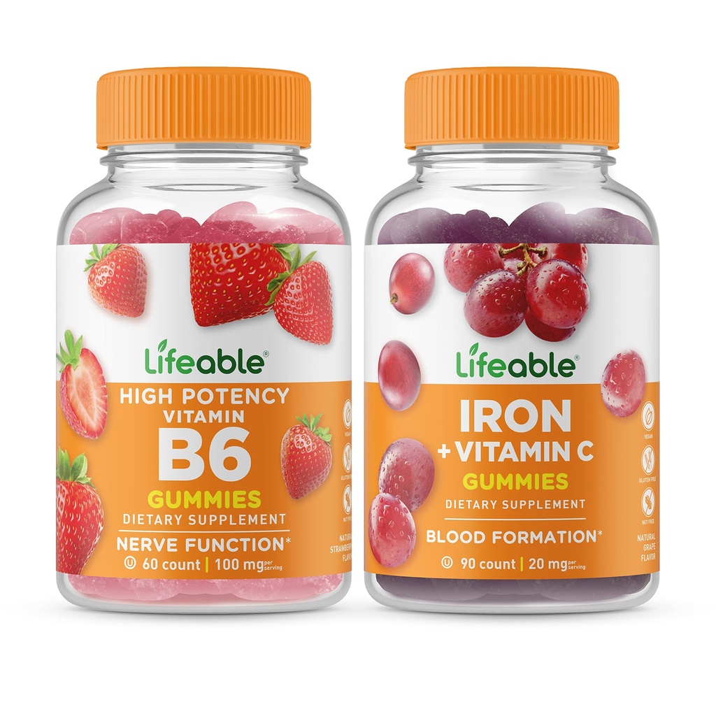 Lifeable Vitamin B6 + Iron with Vitamin C, Gummies Bundle - 훌륭한 타스팅, 비타민 보충, 글루텐 무료, GMO 무료, Chewable