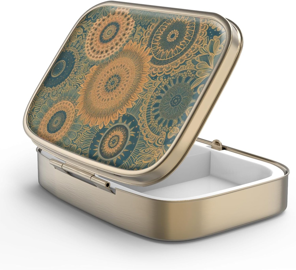 Pill Case Pill Box with Mirror Retro 2 Compartment Purse 또는 포켓 청동 직사각형 알약 상자 또는 비타민, 생선 기름, 보충제, Pill Containe 여행 선물 (Retro Mandala)