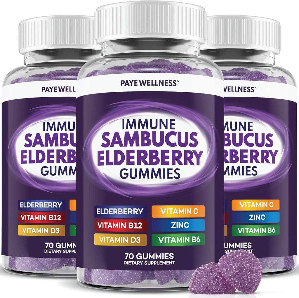 Elderberry Gummies Immune 지원, 어린이 및 성인을위한 일일 지원, Sambucus Elderberry, 아연, 비타민 C, D3, B6, B12, 플러스 - 다이어트 보충 - 210 카운트