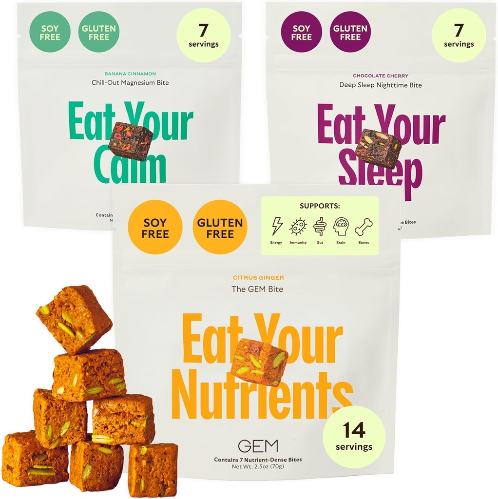 GEM Bite Daily Multivitamin (14 Bites), Chill-Out Calm (7 Chews) 및 Deep Sleep Aid (7 Chews) | 지원 Gut, 피부, 두뇌, 뼈, 수면, 면역