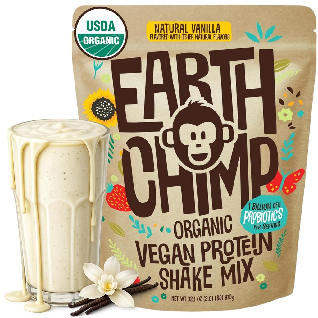 EarthChimp Organic Vegan Protein Powder - Probiotics - Non GMO, Dairy Free, Non Whey, 여성 및 남성을위한 식물 기반 단백질 분말, 글루텐 무료 - 26 서빙 32 Oz (Vanilla)