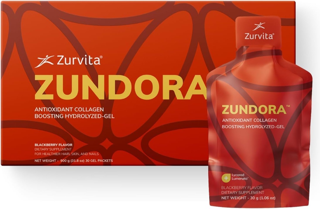 Zurvita - Zundora Collagen - 건강한 머리카락, 피부 및 손톱을위한 Hydrolyzed-Gel - Verisol과 Beauty Boost - BlackBerry 풍미 - 여행 크기 - 30 서빙