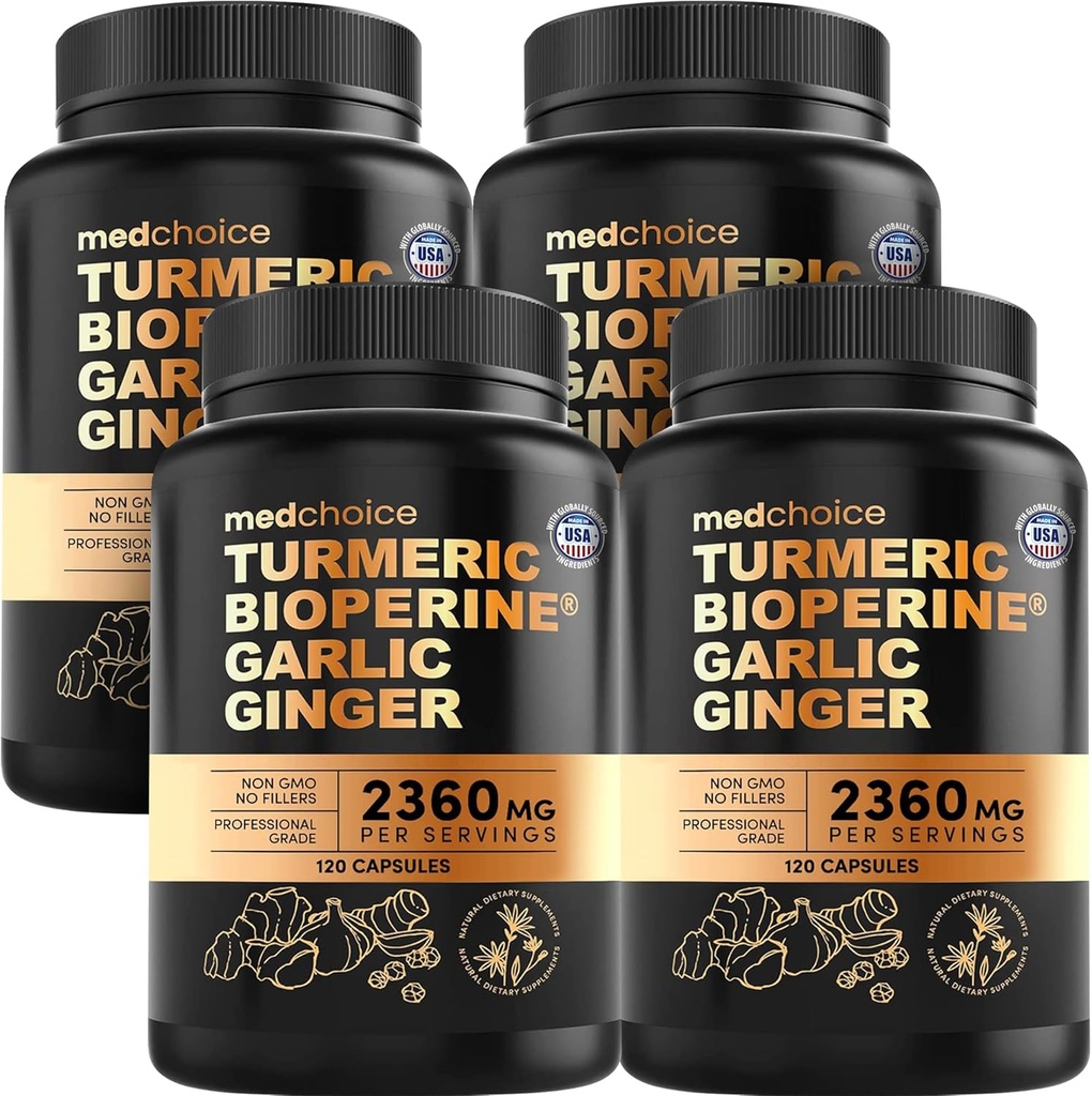 4-in-1 심황과 마늘 보충제 BioPerine - 마늘과 2360mg 심황 생강 뿌리 캡슐 - 높은 효능 초본 혼합 (120 ct, 4 팩)