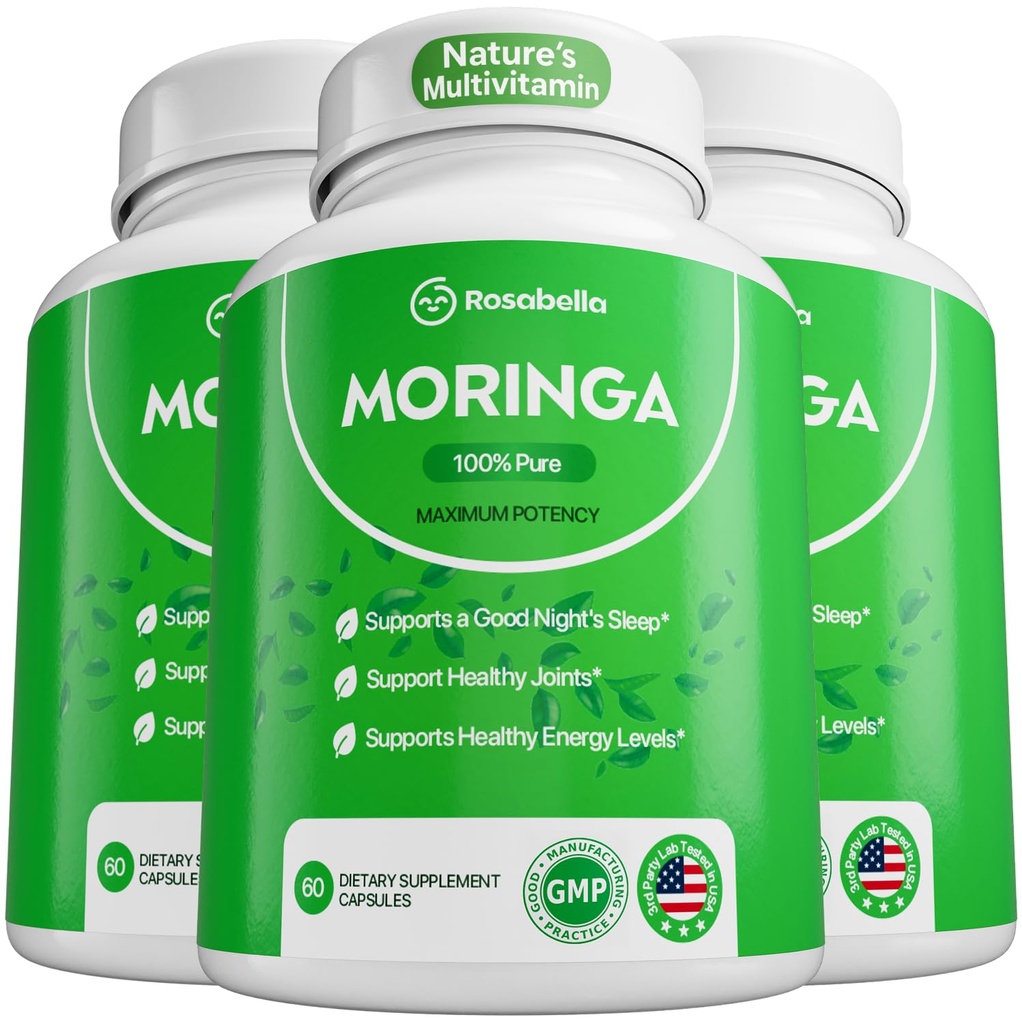 Rosabella Moringa 캡슐 - 순수한 Moringa 분말, 에너지, 피부, 면역 & Gut 건강 Superfood, 항 산화제, 필수 비타민 및 아미노산, 자연적인 녹색 Superfood 보충교재 - 180 조사에서 부유한