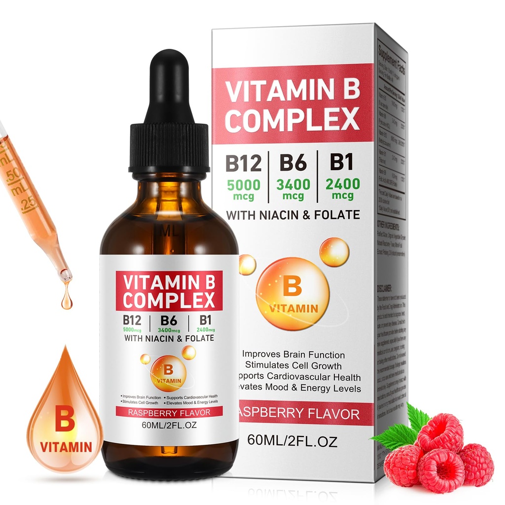 비타민 B 복합액, 채식 비타민 B12 액체 드롭 | B12 Methylcobalamin | B1 Thiamine | B6 Pyridoxine | Folic | Niacin - B Complex Liquid Drops, Support Energy, Brain & Heart, 40 서빙