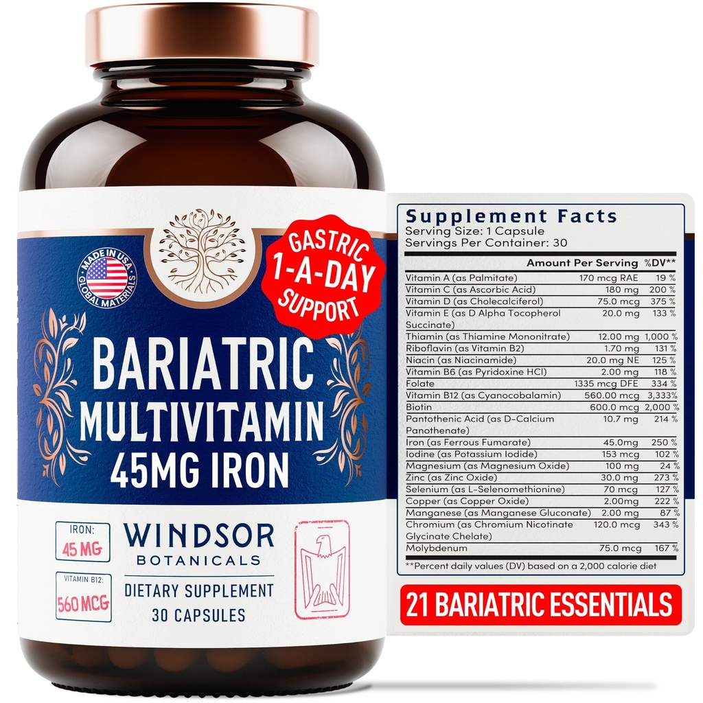 철이있는 Bariatric Multivitamin - 45mg 철 쉽게 삼키기, 여성과 남성을위한 일 Bariatric 비타민 - 가스 바이 패스, 가스 및 소매 회복 비타민 Multivitamins - 30 캡