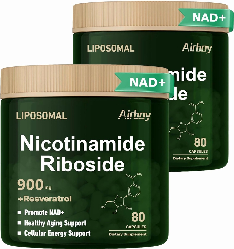 Airboy Liposomal 니코틴 아미드 Riboside 900 mg, Resveratrol, NMN 대안 NAD 부스터 지원 노화 방지, 에너지, 초점 - 80 캡슐 2 팩
