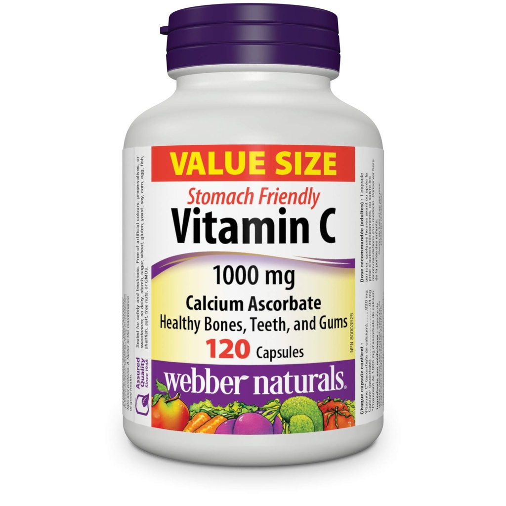 Webber Naturals 비타민 C 칼슘 Ascorbate 1000 mg · Stomach 친절, 120 캡슐