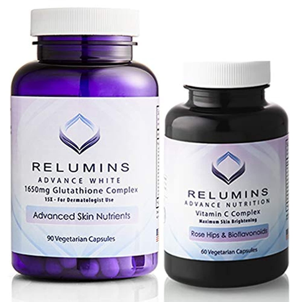Relumins 고급 흰색 세트 - 1650mg 글루타티온 복합체 (90 캡슐) 및 로즈 엉덩이와 Bioflavonoids (60 캡슐) 번들이있는 고급 비타민 C