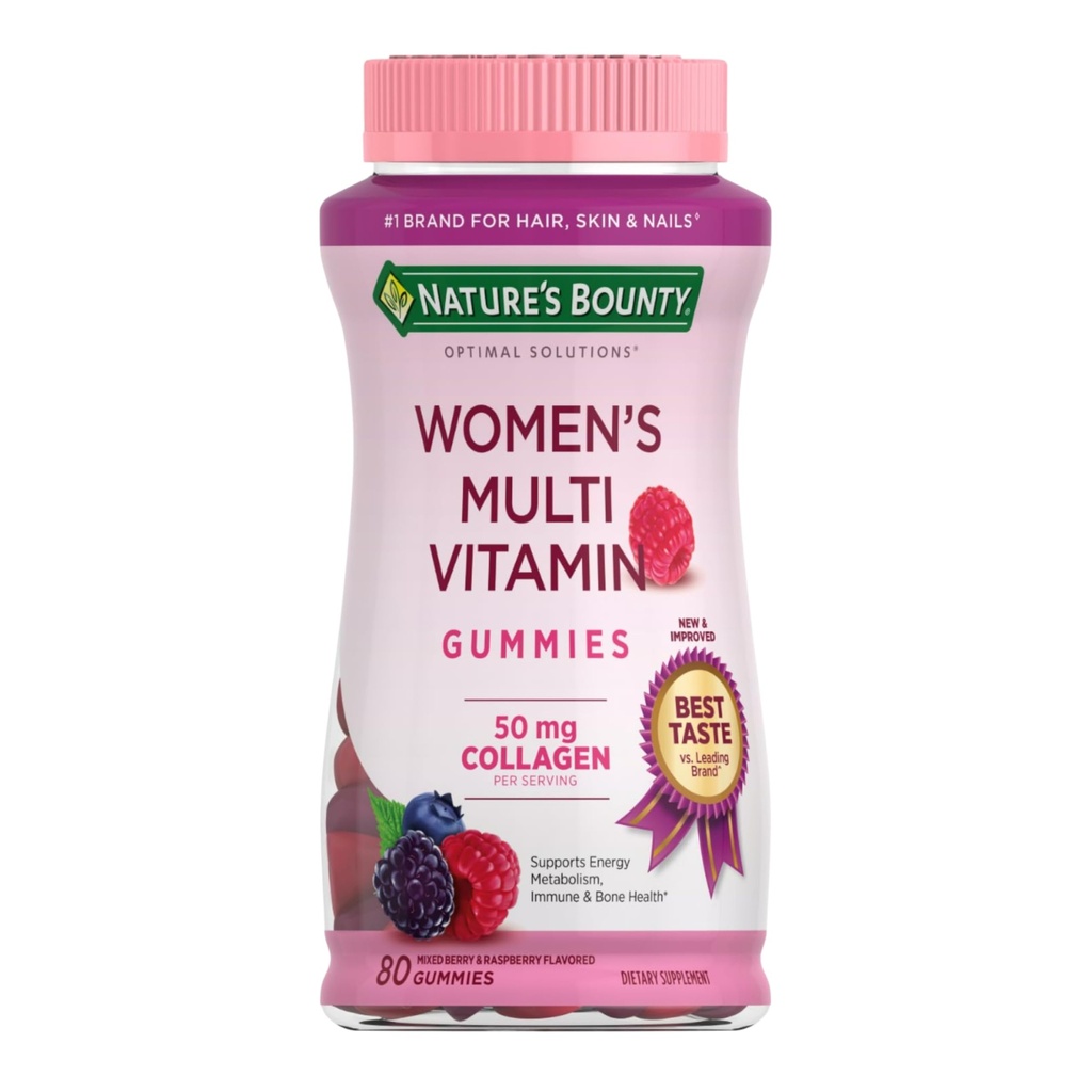 Nature 's Bounty Optimal Solutions Women's Multivitamin, 면역 및 세포 에너지 지원, 뼈 건강, 라즈베리 맛, 80 Gummies, 40 총 서빙